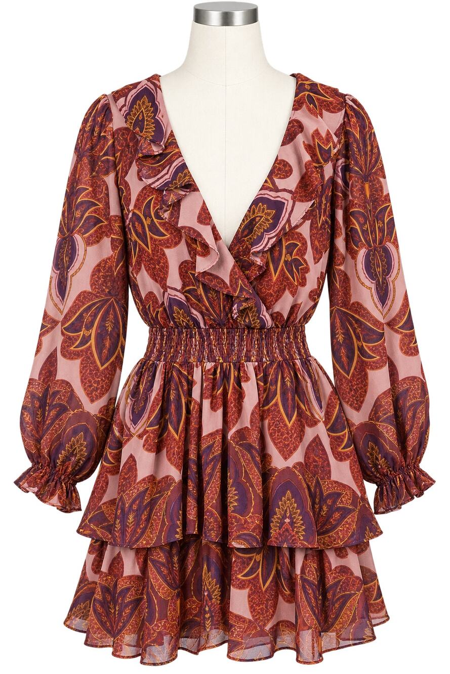 Socialite Mauve/Rust Paisley Floral Ruffle Smocked Boho Mini Dress - Size M